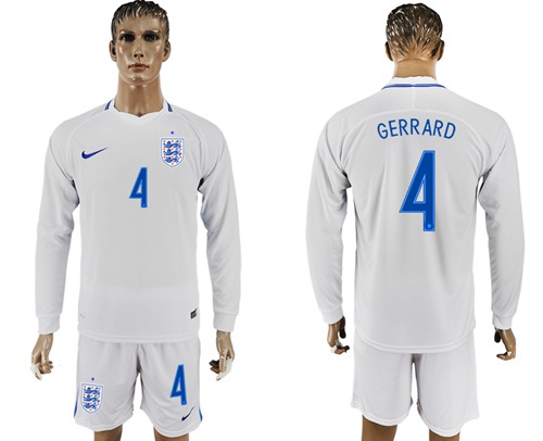 England #4 Gerrard Home Long Sleeves Soccer Country Jersey